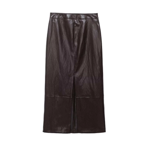 Detail of high-waisted faux leather midi skirt with front slit and stitch seams