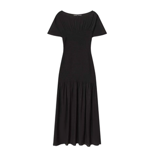 Women Summer Elegant Black Smocked Waist Maxi Dress Short Sleeve Boat Neck Solid Color Pleated Slim Fit Long Dress