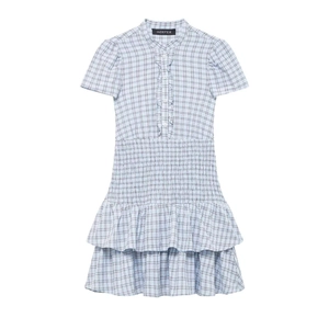 Vintage Plaid Smocked Mini Dress For Women Short Sleeve Shirt Collar Tiered Ruffle A-Line High Waist Casual Summer Dress