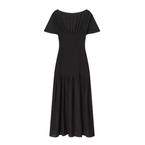 Elegant black off-shoulder midi dress with pleated waist and ruffled short sleeves