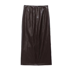 Elegant dark brown faux leather high waist maxi skirt with a sleek straight cut and texture