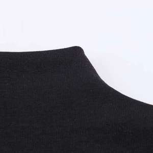 Close-up of black knit fabric showing the detailed high-neck collar and fine texture