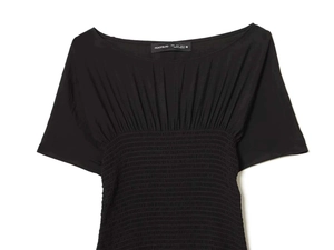 Detailed view of the smocked elastic waist and neckline on this black summer dress