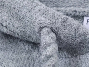 Detailaufnahme der grauen Strickjacke mit Sternen-Jacquard, Kapuze und Stricktextur