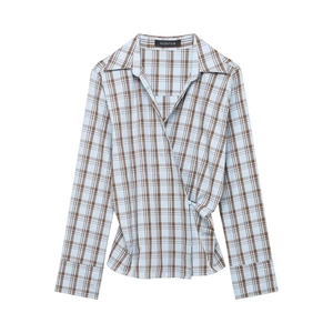 Damen Karo Wickelhemd V-Ausschnitt Langarm Hellblau Braun Karierte Bluse Schmale Taille Casual Office Top Mode Damenhemd