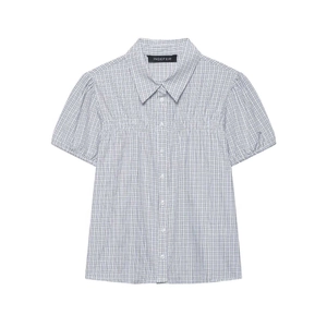 Chemisier Femme Été Vichy Bleu Blanc Manches Bouffantes Décontracté Simple Boutonnage Manches Courtes Haut Élégant à Carreaux