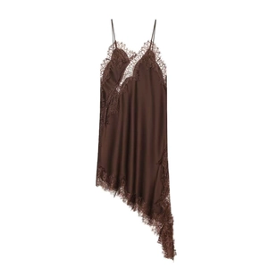Women Satin Lace Trim Mini Dress V Neck Asymmetrical Hem Cami Sleeveless Sexy Slim Fit Coffee Brown