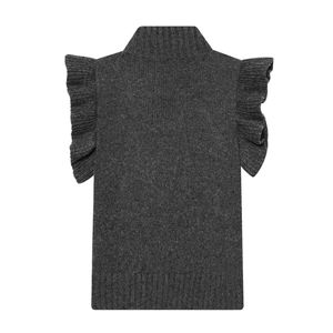 Detail of dark grey knit vest featuring textured ruffle shoulders and mock neck