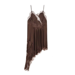 Brown silk slip dress with lace trim and asymmetrical hem shown on white background