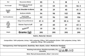 Detailed size guide table for women printed cotton jacket with measurements and fabric info