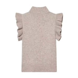 Detail of light oatmeal knit vest featuring ruffled shoulders and a ribbed hem
