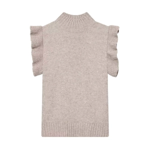 Women's summer sleeveless knit top with elegant ruffle shoulders and ribbed hem