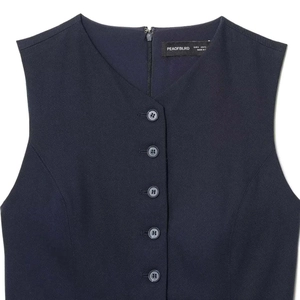Minimalist navy blue V-neck slim sleeveless vest with button detail for women