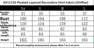 Detailed size chart for tiered ruffle chiffon shirt with shoulder and bust measurements