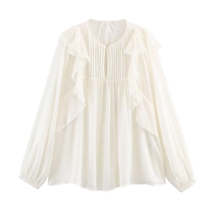 Women Elegant Ruffled Layered Chiffon Blouse Long Sleeve Pleated Round Neck Solid Color Loose Casual Office Shirt Top