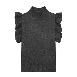 Women's dark grey knit sleeveless top with ruffle shoulders and a chic mock neck design