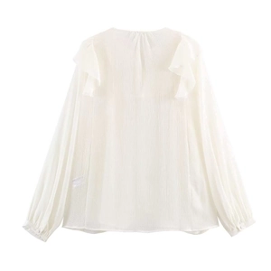 White long sleeve ruffled shirt with vertical pleats and lightweight chiffon fabric
