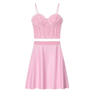 Pink Lace Corset Cami Top And Satin High Waist Skirt Women Outfits Vintage Sexy Streetwear Party Clothing