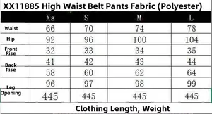Size chart for high-waisted dress pants detailing waist, hip, and length measurements
