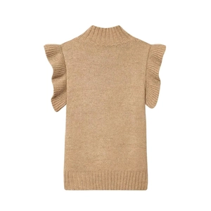 Detail of khaki wool knit vest with ruffle shoulder accents and ribbed neck trim