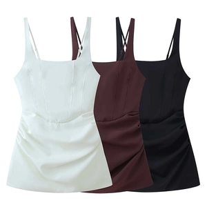 Sexy Women Square Neck Sleeveless Bodycon Mini Dress Ruched Lace Up Back Slim Fit Solid Color Polyester Summer Party Dress