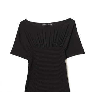 Elegant black smocked waist dress with short sleeves and square neckline for women