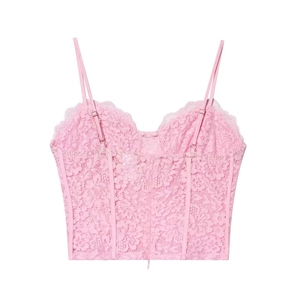 Pale pink floral lace camisole top with adjustable straps and corset-style bodice structure