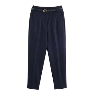Women's high-waisted navy trousers with slim belt and elegant gold C-buckle detail