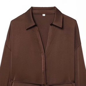 Women's deep brown satin shirt with V-neck, drop shoulders and matching waist belt