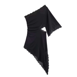 Women's One Shoulder Asymmetric Lace Patchwork Midi Dress Sexy Cut Out Ruffle Short Sleeve Black Slim Fit Knit Dress