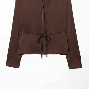 Elegant chocolate brown satin long sleeve blouse with waist tie and V-neckline