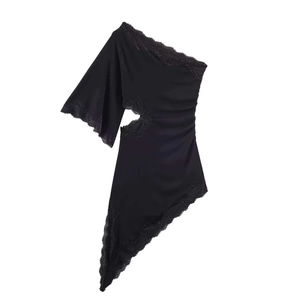 Black one shoulder asymmetric lace dress with ruffle details and irregular hem design
