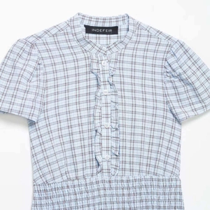 Blue plaid summer A-line dress with ruffled details and smocked waist design