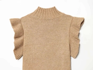 Detail of camel mock neck knit top featuring ruffled cap sleeves and ribbed texture