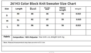 Detailed size chart with measurements for the contrast trim knit cardigan sweater