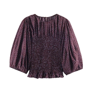 Blusa De Mujer Con Lunares Poliéster Manga Globo Cintura Ahumada Cuello Redondo Top Casual Elegante