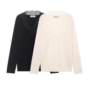 Pulls en maille col V avec dentelle en noir et beige au design minimaliste moderne