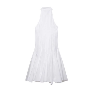 Robe dos nu blanche élégante sans manches avec jupe plissée évasée et col montant