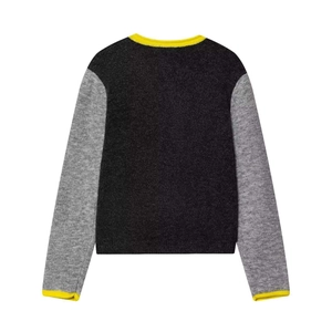 Minimalist knit sweater with contrasting grey sleeves and bright yellow ribbed trims