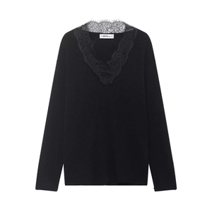 Pull en maille noir à col en V avec bordure en dentelle délicate et manches longues