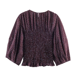 Blusa vintage granate de lunares con mangas de linterna y cintura elástica nido de abeja