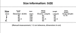 Detailed size chart for faux fur coat showing shoulder, bust, and sleeve length measurements