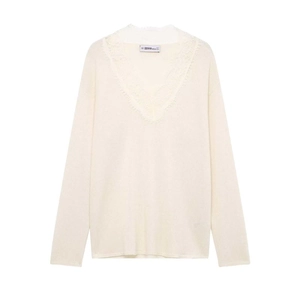 Pull élégant en maille blanc crème avec col en V en dentelle et manches longues amples
