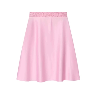 Detail view of pink satin A-line skirt with elegant lace trim at the waistline