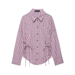 Pink and brown plaid button-up shirt with adjustable side drawstring waist detail