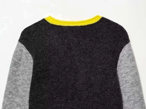 Close-up of ribbed yellow neckline and grey wool blend knit sweater texture details