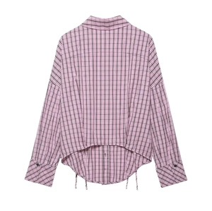 Pink and brown plaid shirt featuring long sleeves and unique drawstring hem detail