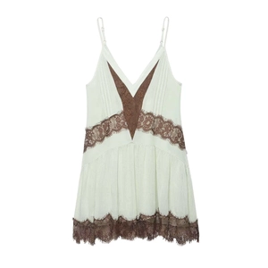 Mint green V-neck camisole dress with dark brown lace trim and bohemian pleated texture