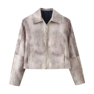Giacca vintage lavata da donna con cerniera argentata e colletto a rever alla moda