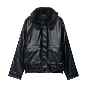 Damen Vintage Kunstlederjacke Mit Schwarzem Webpelzkragen Lockere Casual Reißverschluss Mantel Langarm Outwear Große Taschen